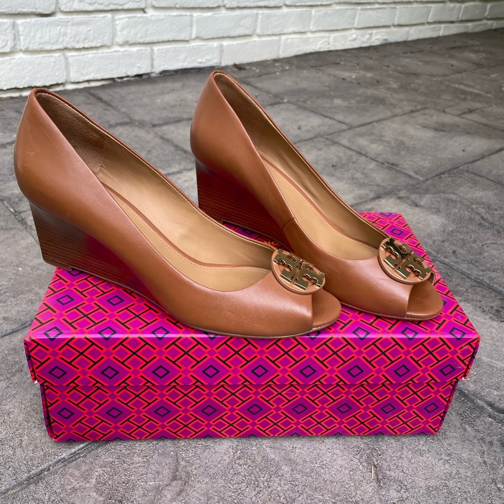 Tory Burch Tan Wedge Peep Toe Shoes